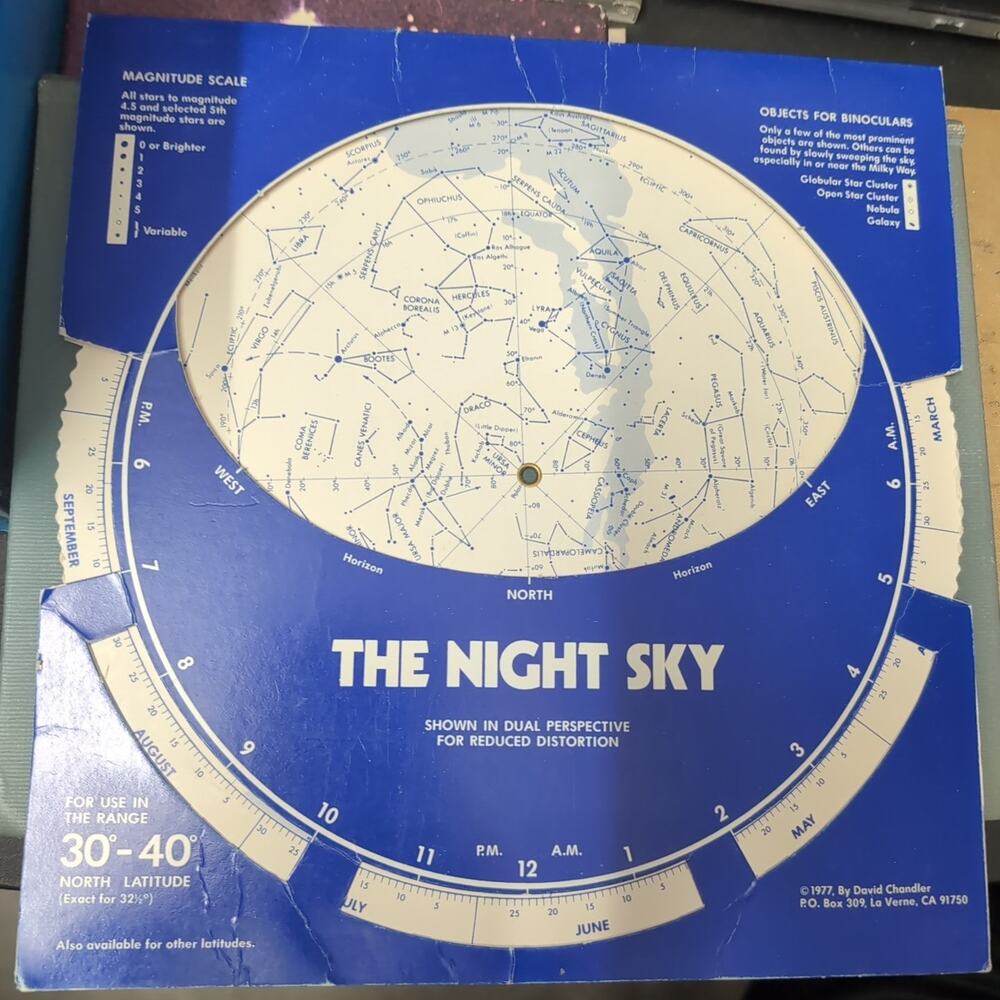 The Night Sky Star Chart Celestial Atlas for 30°- 40° North Latitude 1977
